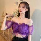 Mesh Panel Off-shoulder Puff-sleeve Cropped Top