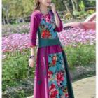 Set: 3/4-sleeve Floral Print Top + Midi Skirt