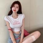 Cap-sleeve Lettering Print T-shirt White - One Size
