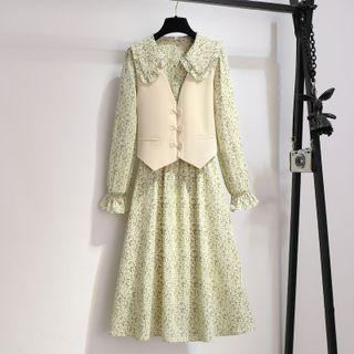 Set: Long-sleeve Floral A-line Dress + Vest