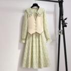 Set: Long-sleeve Floral A-line Dress + Vest