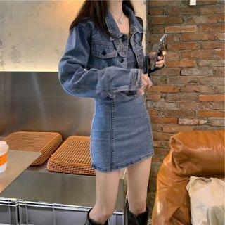 Spaghetti Strap A-line Denim Dress / Bow Denim Jacket