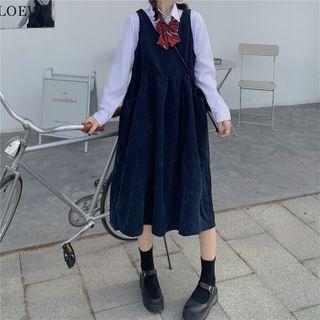 Long-sleeve Shirt With Bowtie / Midi A-line Overall Dress