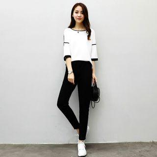 Set: Two-tone 3/4-sleeve T-shirt + Straight-cut Pants