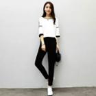 Set: Two-tone 3/4-sleeve T-shirt + Straight-cut Pants