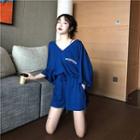 Set: 3/4-sleeve Lettering Oversized Top + Shorts
