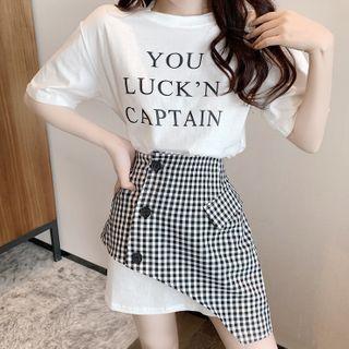 Elbow-sleeve Lettering T-shirt / Gingham Mini A-line Skirt