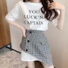 Elbow-sleeve Lettering T-shirt / Gingham Mini A-line Skirt