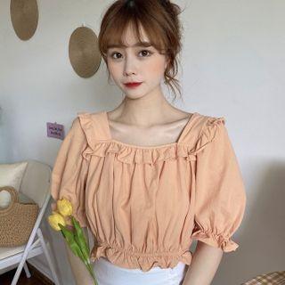 Puff-sleeve Square-neck Frill Trim Crop Top Tangerine - One Size