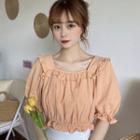 Puff-sleeve Square-neck Frill Trim Crop Top Tangerine - One Size