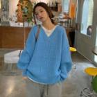 Long-sleeve V-neck Ribbed Sweater Sweater - One Size