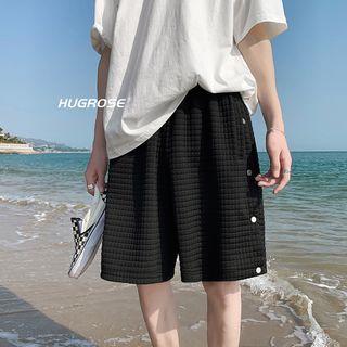 Textured Button-accent Wide Leg Shorts