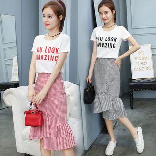 Set: Lettering Short-sleeve T-shirt + Checked Ruffle Hem Midi Pencil Skirt