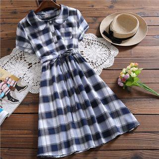 Plaid Short-sleeve Gathered Waist Shirtdress
