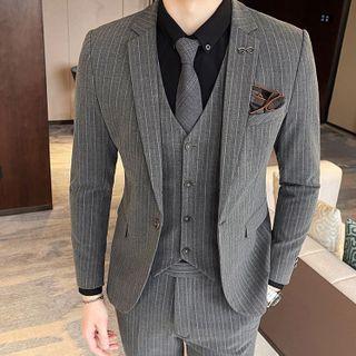 Set: Single Breasted Striped Blazer + Vest + Dress Pants