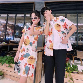 Couple Matching Short-sleeve Pattern Shirt / Pants / Short-sleeve Mini A-line Dress / Set