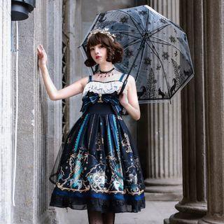Set: Strappy Print A-line Dress + Choker