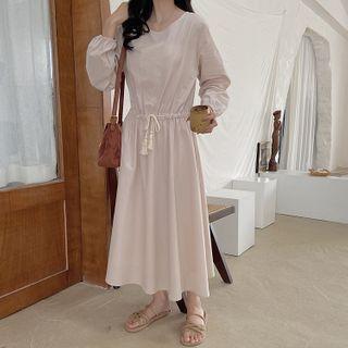 Plain Tie-waist Puff Sleeve Midi Dress