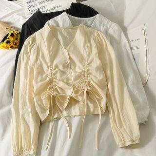 Puff-sleeve Drawstring V-neck Crop Shirt