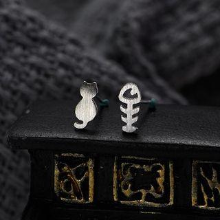 925 Sterling Silver Cat & Fish Bone Earring R630 - One Size