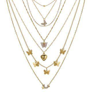 Set Of 6: Butterfly Pendant Alloy Necklace (various Designs) Gold - One Size