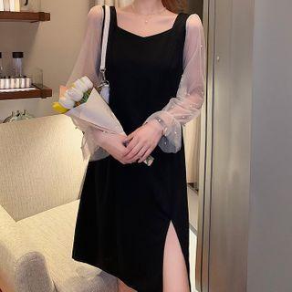 Mesh Panel Long Sleeve Square Neck Slit Shift Dress