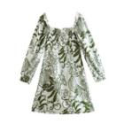 Long-sleeve Square-neck Floral Open Back Mini A-line Dress