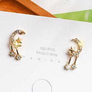 Rhinestone Crescent & Star Earring Silver Earring - One Size
