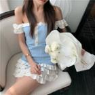 Short-sleeve Frill Trim Mini Dress Ocean Blue - One Size