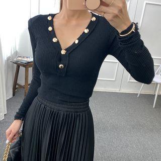 V-neck Button-detail Ribbed Top