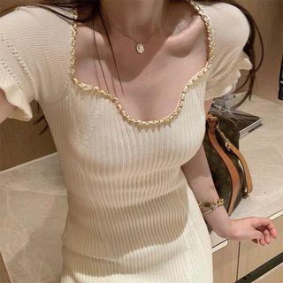 Short-sleeve Chain-accent Knit Mini Bodycon Dress
