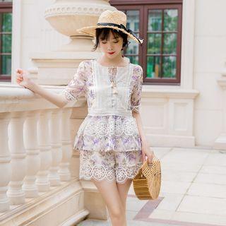 Set: Floral Short-sleeve Top + Shorts