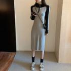 Long-sleeve Raglan Knit Dress Gray - One Size