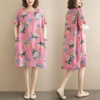 Short-sleeve Floral A-line Dress Mauve - One Size