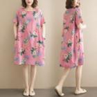 Short-sleeve Floral A-line Dress Mauve - One Size