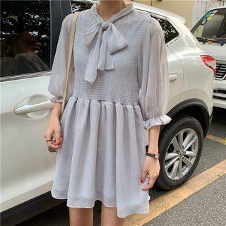 Lantern-sleeve Tie-neck Chiffon Mini Dress