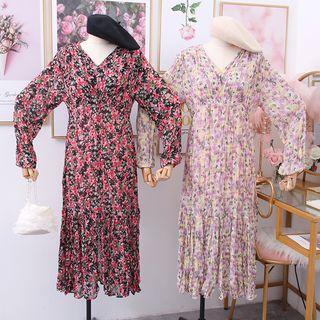 V-neck Printed Flower Long-sleeved Chiffon Dress