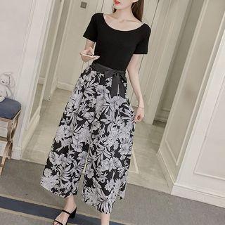 Set: Short-sleeve T-shirt + Floral Print Wide Leg Pants