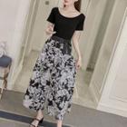 Set: Short-sleeve T-shirt + Floral Print Wide Leg Pants