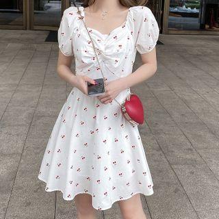 Puff Sleeve Square Neck Print A-line Dress