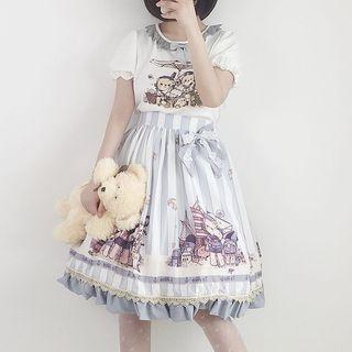 Cartoon Print Short-sleeve T-shirt / Printed A-line Skirt / Striped Tote Bag