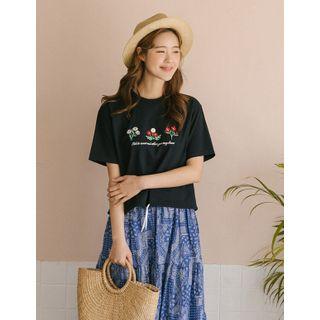Drawstring-hem Floral Embroidered Top