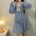 Puff-sleeve A-line Knit Dress Blue - One Size