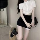 Slim-fit Crop Shirt / Patchwork High-waist Mini Skirt