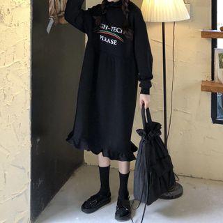 Letter Sweatshirt Dress Black - One Size