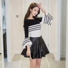Set: Striped Color Panel Sweater + Faux Leather A-line Skirt