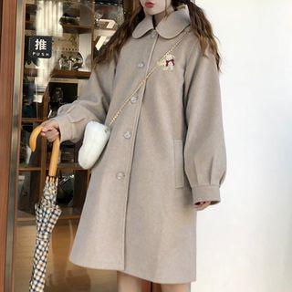 Plain / Plaid Bear Embroidered Single-breasted Coat