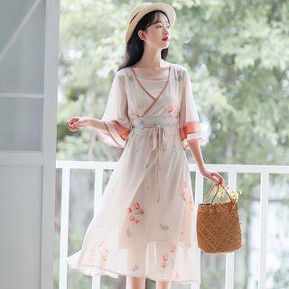 Flower Print 3/4-sleeve Chiffon Dress