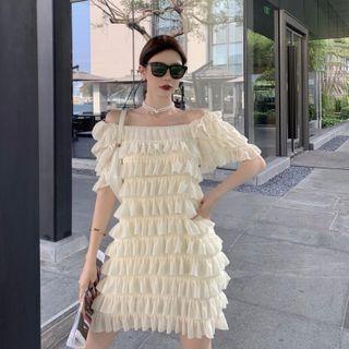 Off-shoulder Layered Ruffle Trim Mini A-line Dress