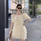 Off-shoulder Layered Ruffle Trim Mini A-line Dress